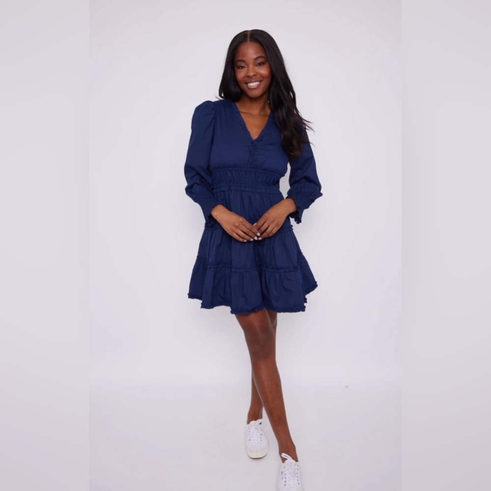 SAIL TO SABLE Long Sleeve Smocked Waist Dress - Navy (M)